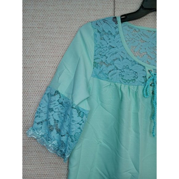 Cute work Turquoise Blue Summer Lace V neck Polyester Blouse size Large - Picture 2 of 9